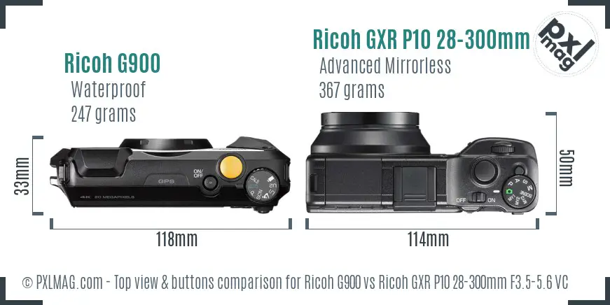 Ricoh G900 vs Ricoh GXR P10 28-300mm F3.5-5.6 VC top view buttons comparison