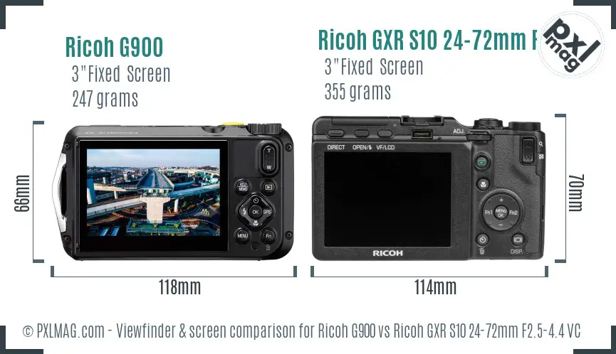 Ricoh G900 vs Ricoh GXR S10 24-72mm F2.5-4.4 VC Screen and Viewfinder comparison