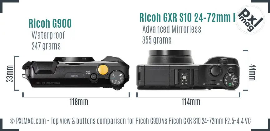 Ricoh G900 vs Ricoh GXR S10 24-72mm F2.5-4.4 VC top view buttons comparison