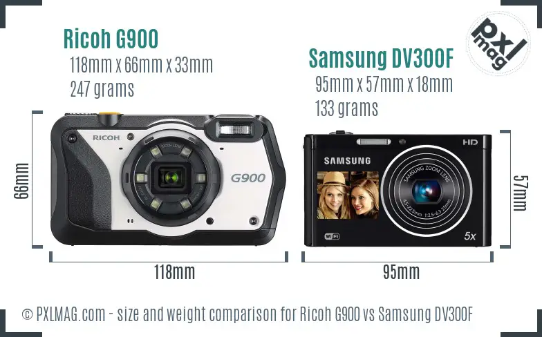 Ricoh G900 vs Samsung DV300F size comparison