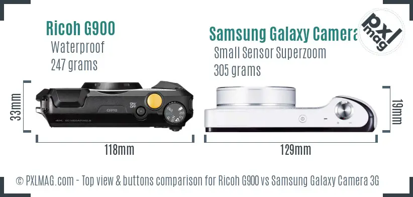 Ricoh G900 vs Samsung Galaxy Camera 3G top view buttons comparison