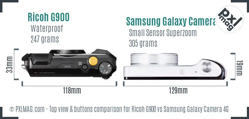 Ricoh G900 vs Samsung Galaxy Camera 4G top view buttons comparison