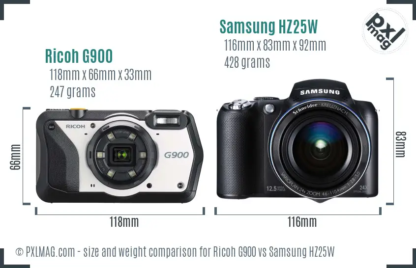 Ricoh G900 vs Samsung HZ25W size comparison