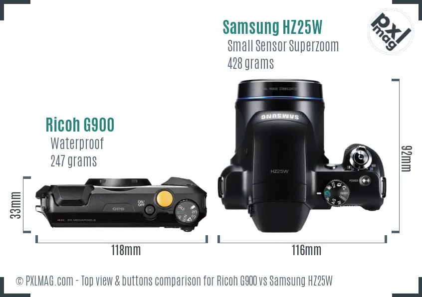 Ricoh G900 vs Samsung HZ25W top view buttons comparison