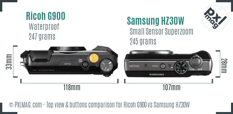 Ricoh G900 vs Samsung HZ30W top view buttons comparison
