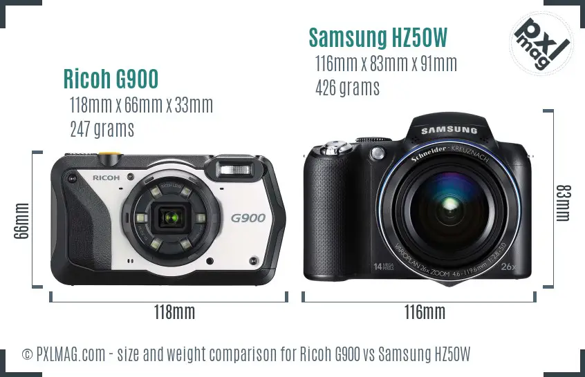 Ricoh G900 vs Samsung HZ50W size comparison