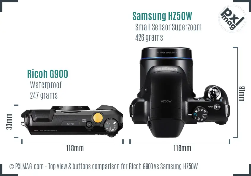Ricoh G900 vs Samsung HZ50W top view buttons comparison