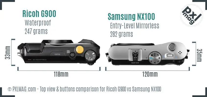 Ricoh G900 vs Samsung NX100 top view buttons comparison