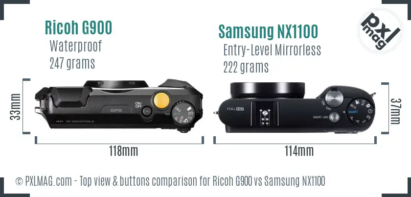 Ricoh G900 vs Samsung NX1100 top view buttons comparison