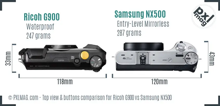 Ricoh G900 vs Samsung NX500 top view buttons comparison