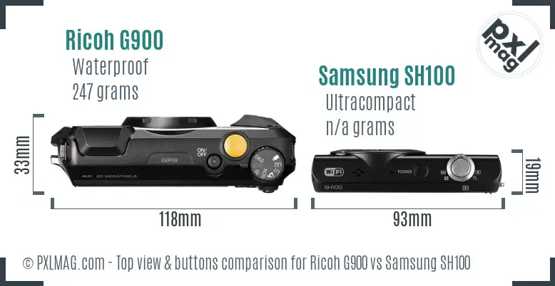 Ricoh G900 vs Samsung SH100 top view buttons comparison