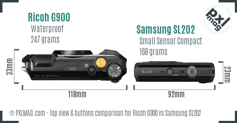 Ricoh G900 vs Samsung SL202 top view buttons comparison