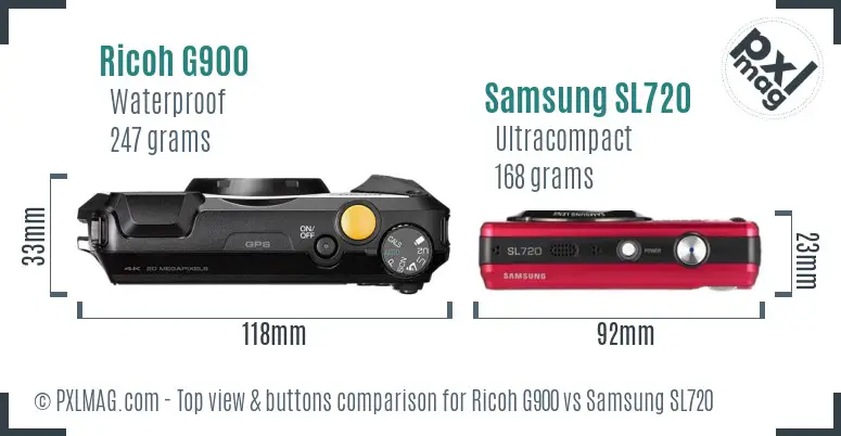 Ricoh G900 vs Samsung SL720 top view buttons comparison
