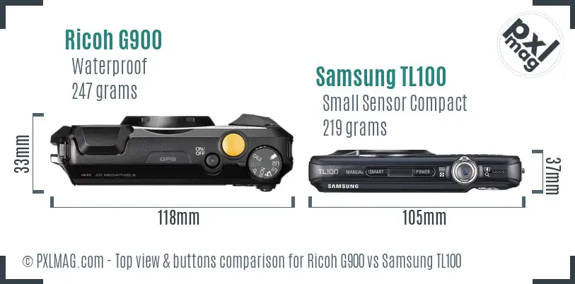 Ricoh G900 vs Samsung TL100 top view buttons comparison