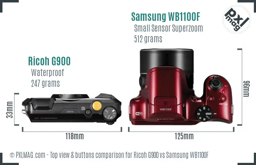 Ricoh G900 vs Samsung WB1100F top view buttons comparison