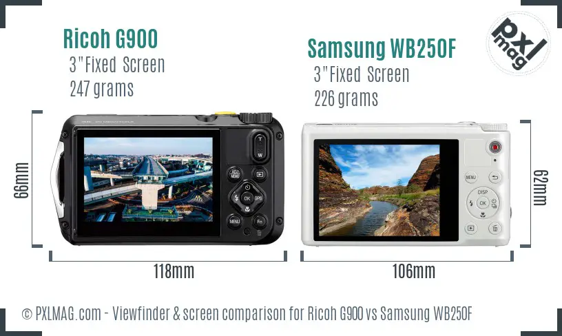 Ricoh G900 vs Samsung WB250F Screen and Viewfinder comparison