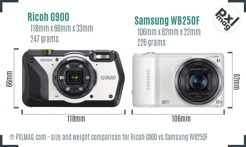Ricoh G900 vs Samsung WB250F size comparison