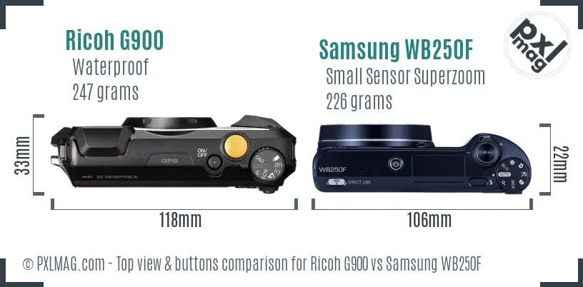 Ricoh G900 vs Samsung WB250F top view buttons comparison