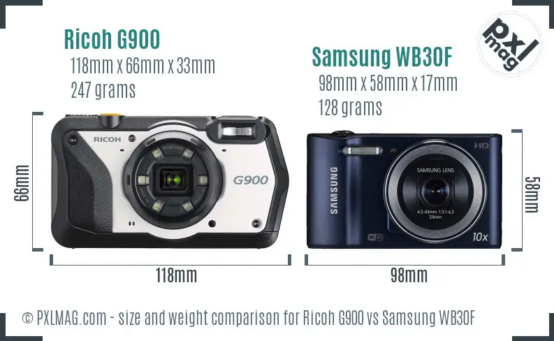 Ricoh G900 vs Samsung WB30F size comparison