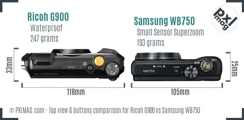Ricoh G900 vs Samsung WB750 top view buttons comparison
