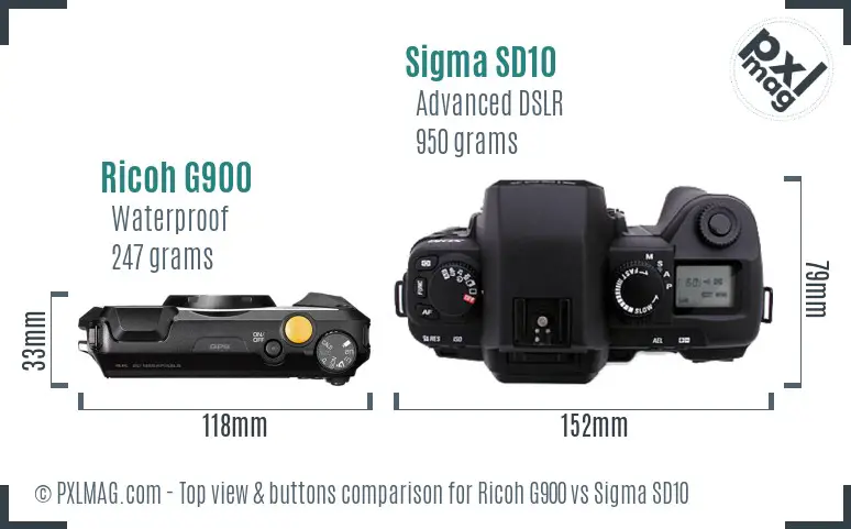 Ricoh G900 vs Sigma SD10 top view buttons comparison
