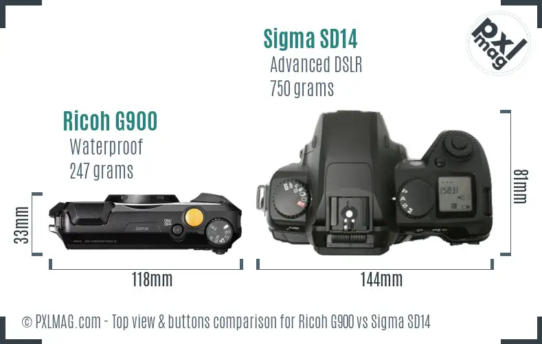 Ricoh G900 vs Sigma SD14 top view buttons comparison