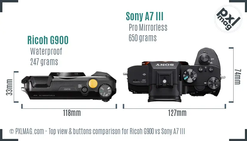 Ricoh G900 vs Sony A7 III top view buttons comparison