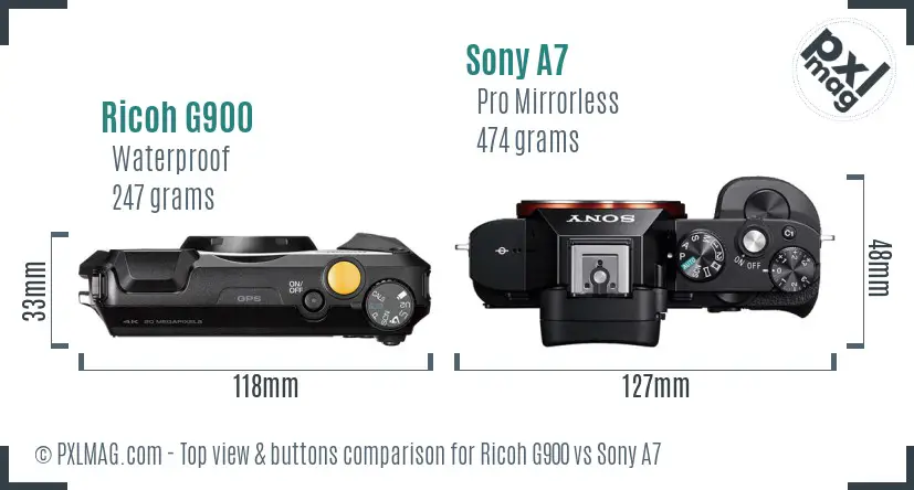 Ricoh G900 vs Sony A7 top view buttons comparison