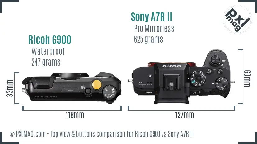 Ricoh G900 vs Sony A7R II top view buttons comparison