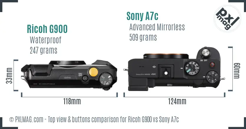 Ricoh G900 vs Sony A7c top view buttons comparison