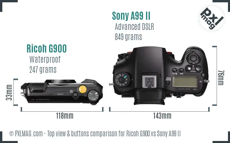 Ricoh G900 vs Sony A99 II top view buttons comparison