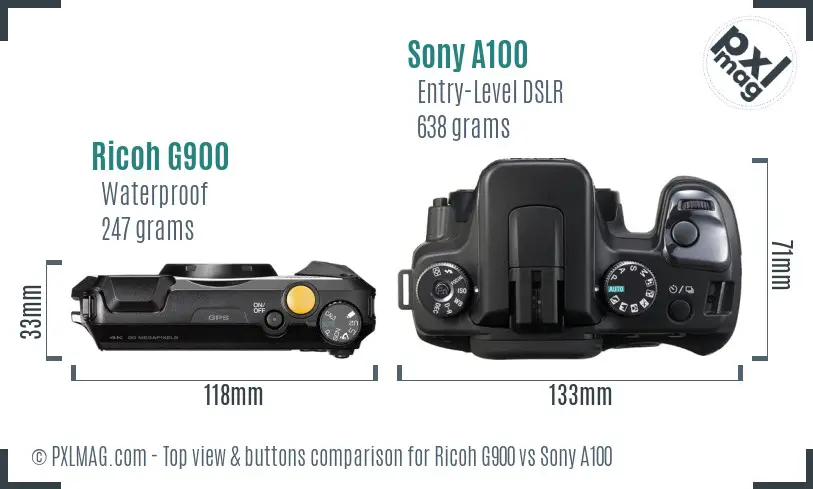 Ricoh G900 vs Sony A100 top view buttons comparison