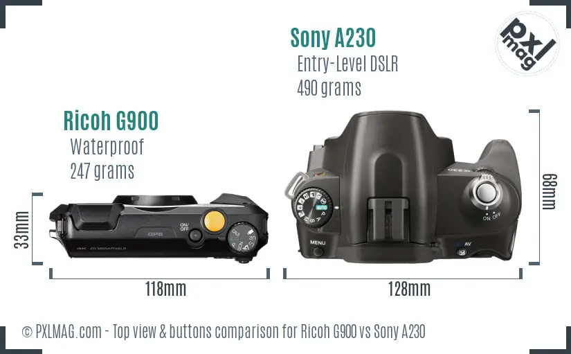 Ricoh G900 vs Sony A230 top view buttons comparison