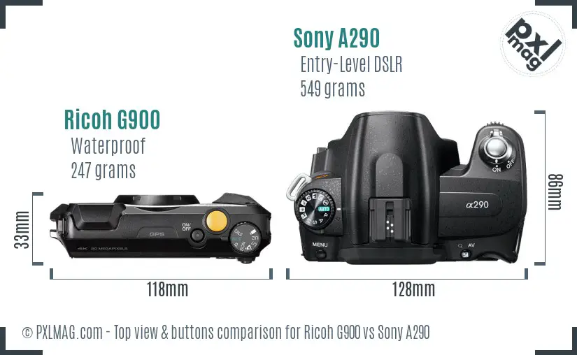 Ricoh G900 vs Sony A290 top view buttons comparison Ricoh G900 vs Sony A290 top view buttons comparison