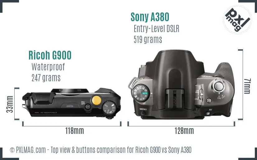 Ricoh G900 vs Sony A380 top view buttons comparison