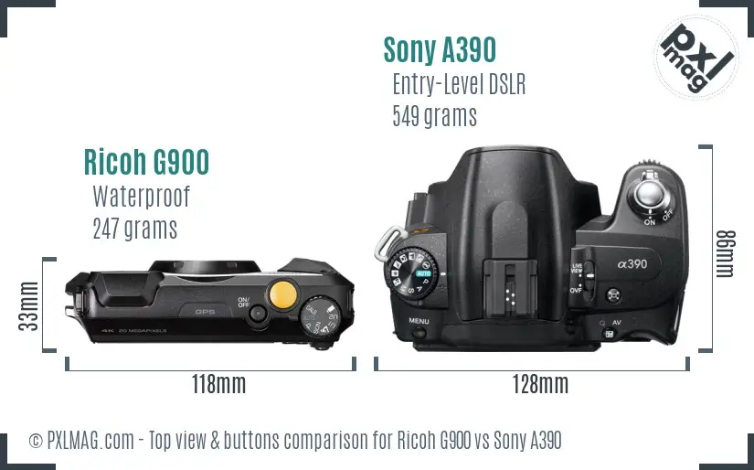 Ricoh G900 vs Sony A390 top view buttons comparison