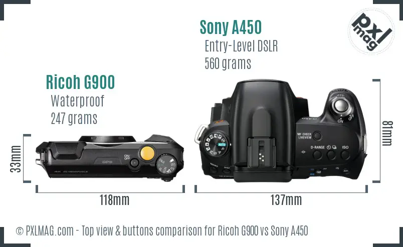 Ricoh G900 vs Sony A450 top view buttons comparison