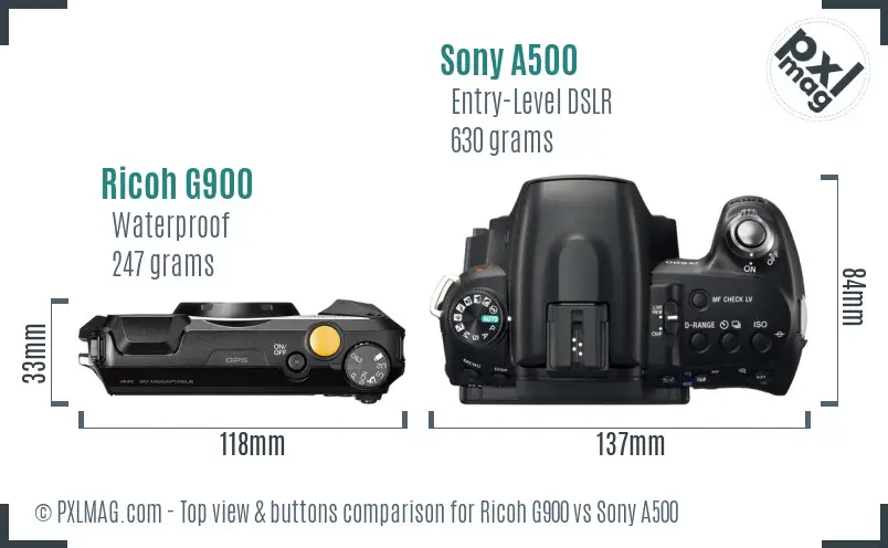 Ricoh G900 vs Sony A500 top view buttons comparison