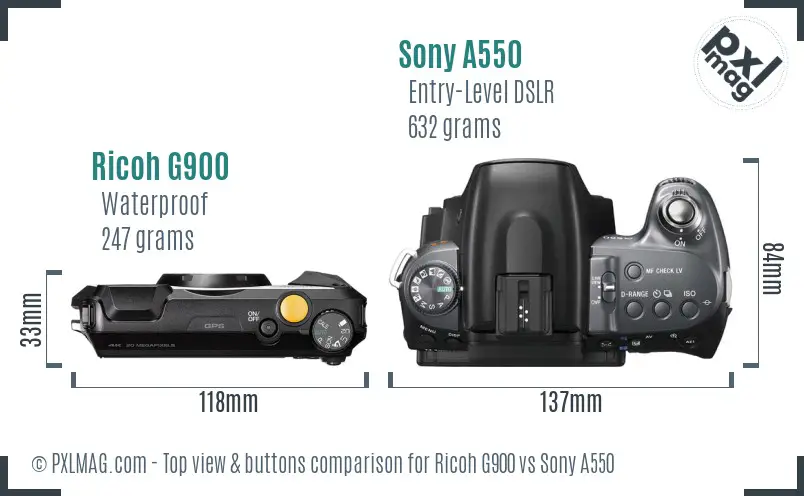 Ricoh G900 vs Sony A550 top view buttons comparison