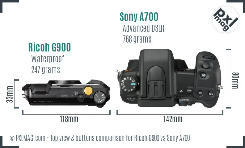 Ricoh G900 vs Sony A700 top view buttons comparison