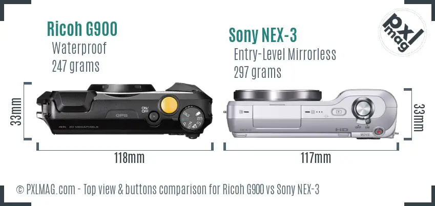 Ricoh G900 vs Sony NEX-3 top view buttons comparison