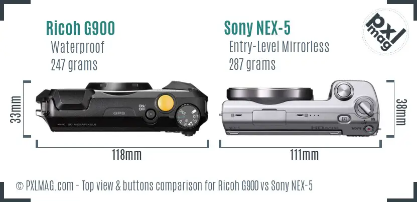 Ricoh G900 vs Sony NEX-5 top view buttons comparison