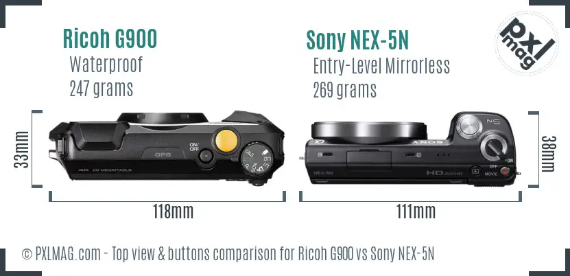 Ricoh G900 vs Sony NEX-5N top view buttons comparison