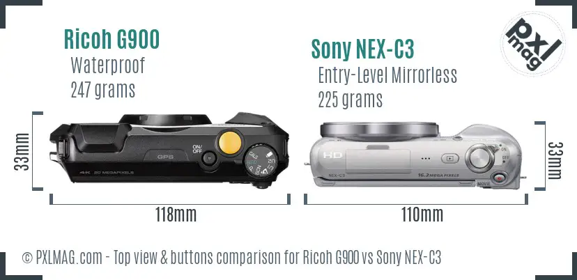 Ricoh G900 vs Sony NEX-C3 top view buttons comparison