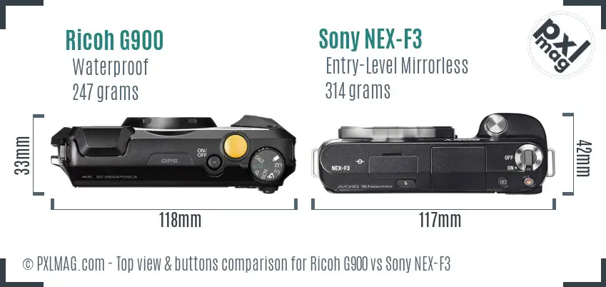 Ricoh G900 vs Sony NEX-F3 top view buttons comparison