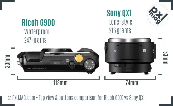 Ricoh G900 vs Sony QX1 top view buttons comparison Ricoh G900 vs Sony QX1 top view buttons comparison