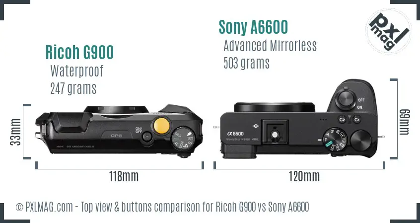 Ricoh G900 vs Sony A6600 top view buttons comparison Ricoh G900 vs Sony A6600 top view buttons comparison