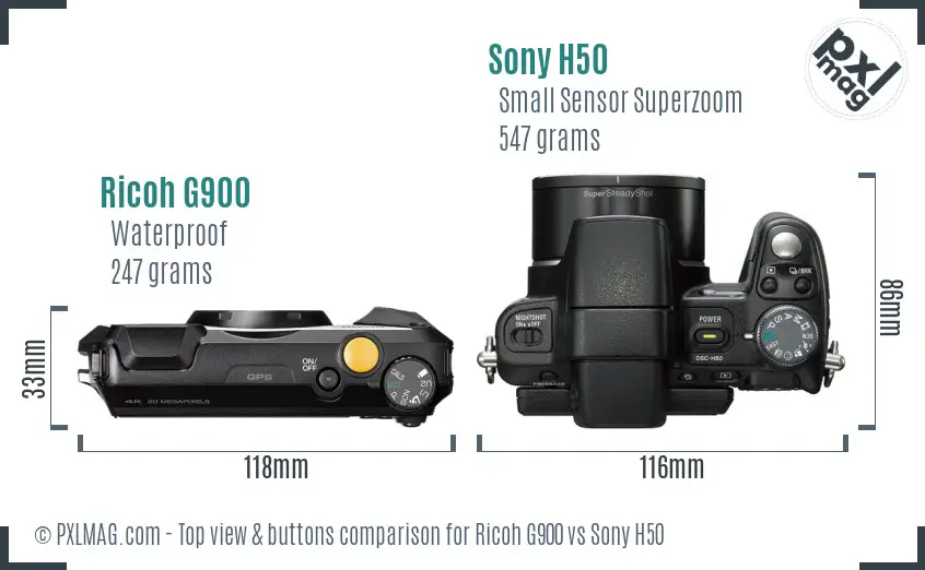 Ricoh G900 vs Sony H50 top view buttons comparison