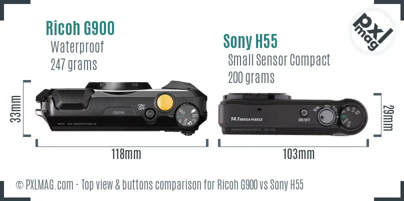 Ricoh G900 vs Sony H55 top view buttons comparison