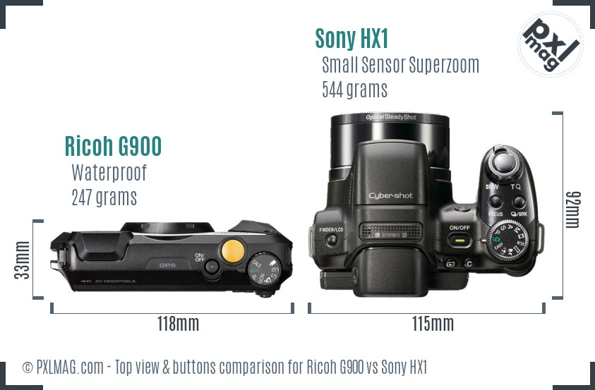 Ricoh G900 vs Sony HX1 top view buttons comparison